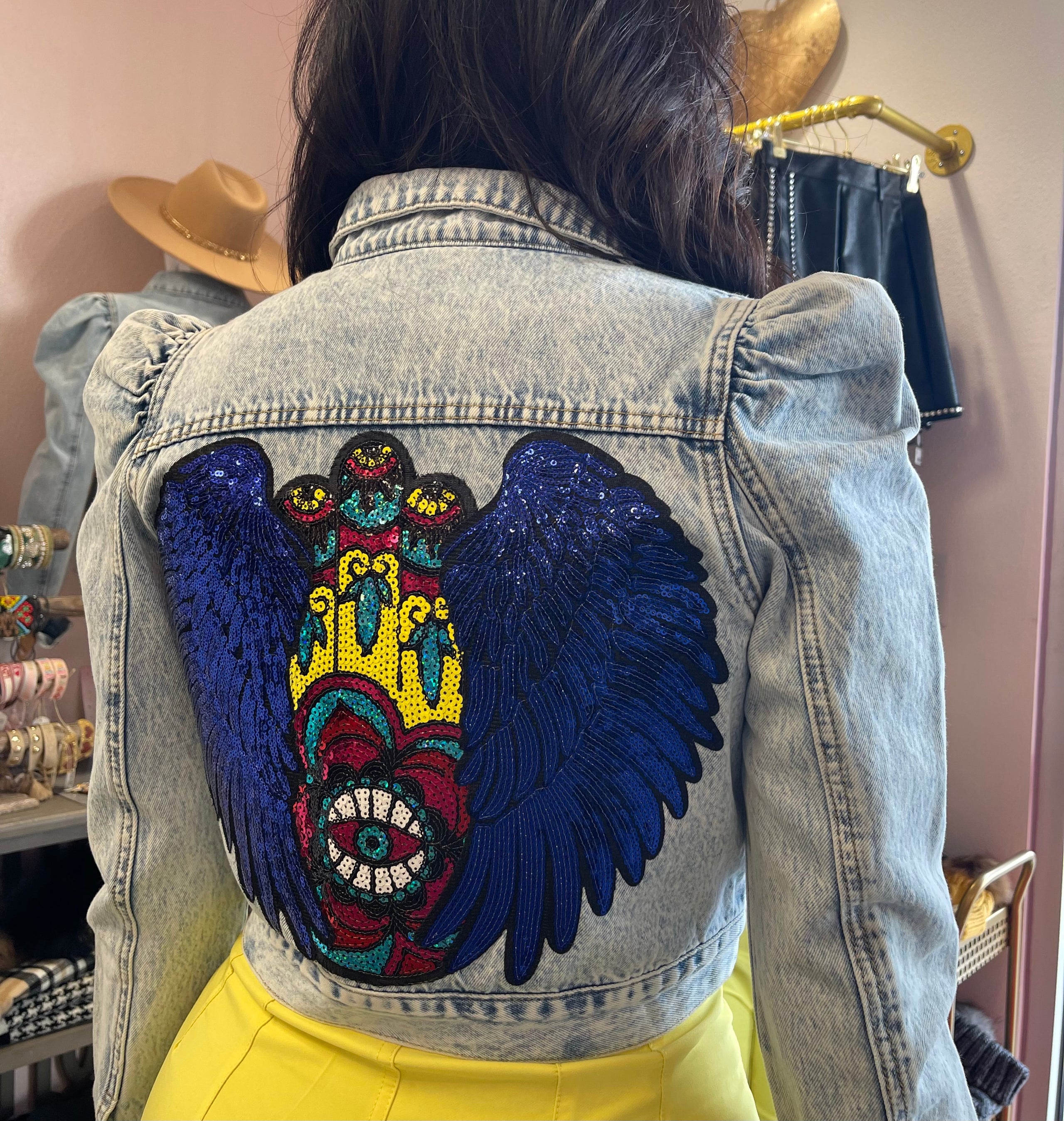 Denim jackets online with puff shoulders